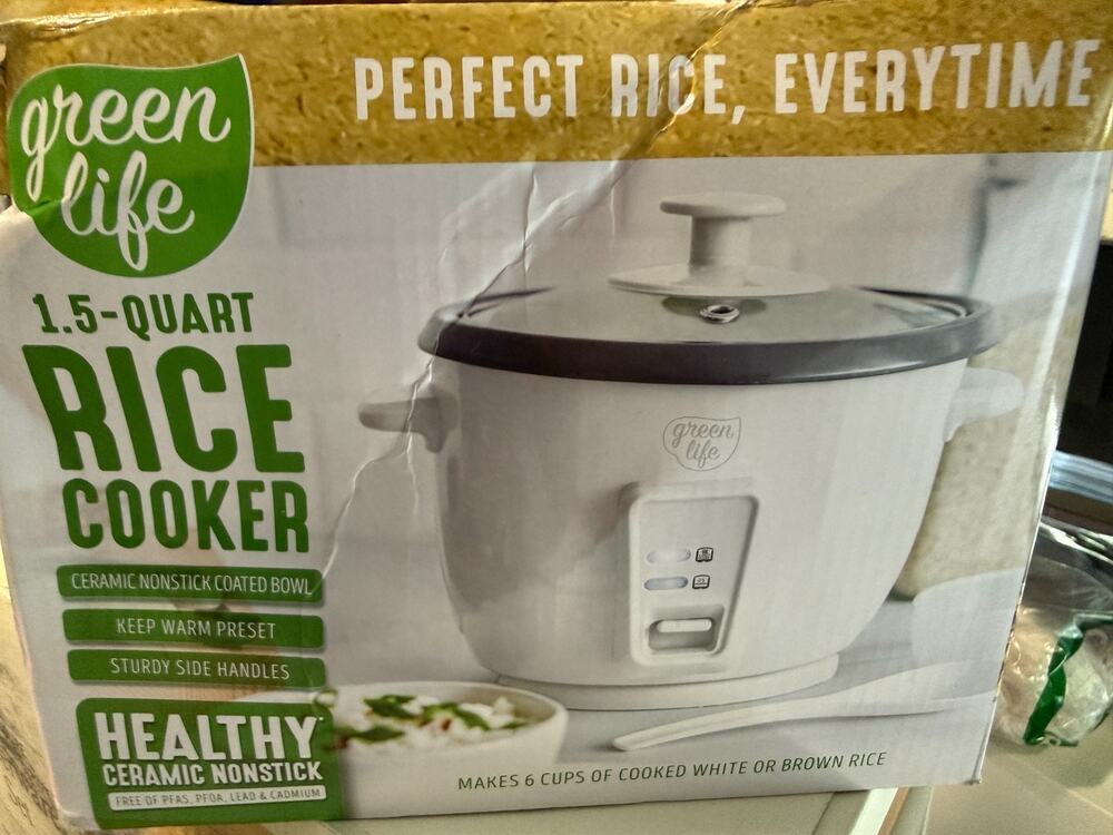 New GreenLife 1.5qt Rice Cooker in White Ceramic Nonstick Keep Warm Open Box